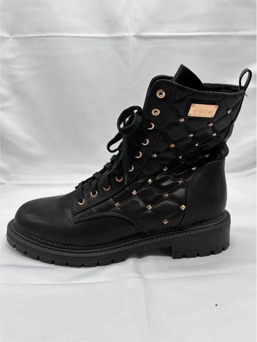 Bebe Women's Black Dorienne B Studded Quilted Lace Up Combat Boots US 11 MINT